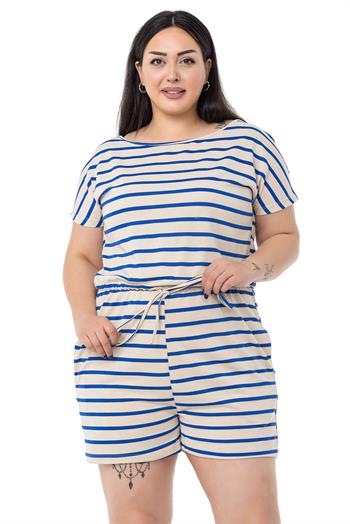 Büyük Beden Düşük Kollu Beli Lastikli Cepli Saks Mavi Çizgili Şort Tulum