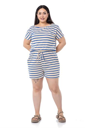 Büyük Beden Düşük Kollu Beli Lastikli Cepli Saks Mavi Çizgili Şort Tulum