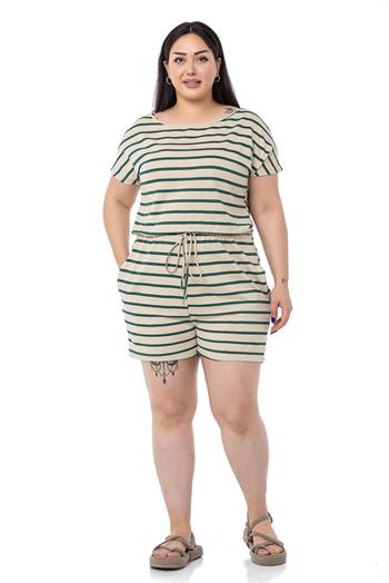 Büyük Beden Düşük Kollu Beli Lastikli Cepli Zümrüt Çizgili Şort Tulum