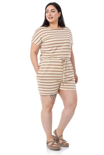 Büyük Beden Düşük Kollu Beli Lastikli Cepli Vizon Çizgili Şort Tulum