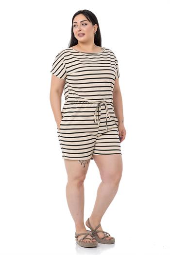 Büyük Beden Düşük Kollu Beli Lastikli Cepli Siyah Çizgili Şort Tulum