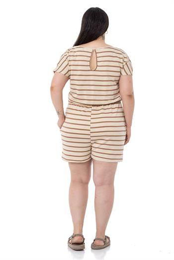 Büyük Beden Düşük Kollu Beli Lastikli Cepli Vizon Çizgili Şort Tulum