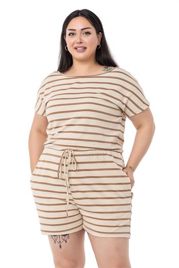 Büyük Beden Düşük Kollu Beli Lastikli Cepli Vizon Çizgili Şort Tulum
