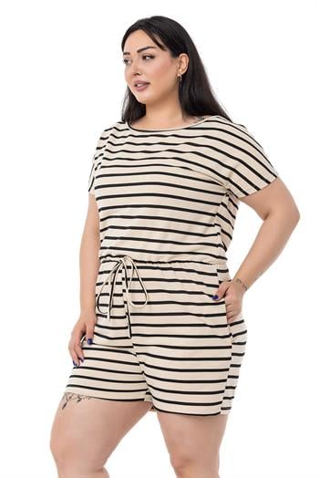 Büyük Beden Düşük Kollu Beli Lastikli Cepli Siyah Çizgili Şort Tulum