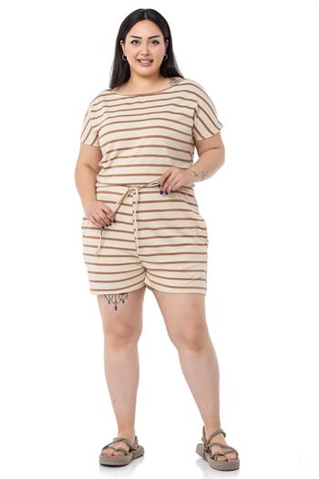 Büyük Beden Düşük Kollu Beli Lastikli Cepli Vizon Çizgili Şort Tulum