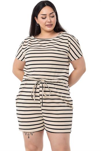 Büyük Beden Düşük Kollu Beli Lastikli Cepli Siyah Çizgili Şort Tulum