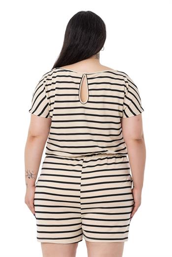 Büyük Beden Düşük Kollu Beli Lastikli Cepli Siyah Çizgili Şort Tulum