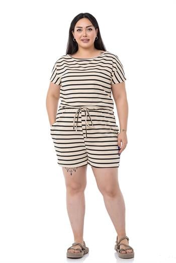 Büyük Beden Düşük Kollu Beli Lastikli Cepli Siyah Çizgili Şort Tulum