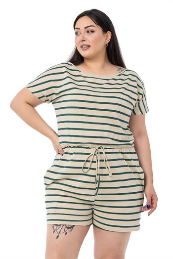 Büyük Beden Düşük Kollu Beli Lastikli Cepli Zümrüt Çizgili Şort Tulum