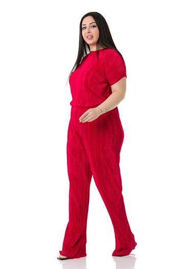 Büyük Beden Kısa Kollu Beli Lastikli Fermuarlı Kırmızı Tulum