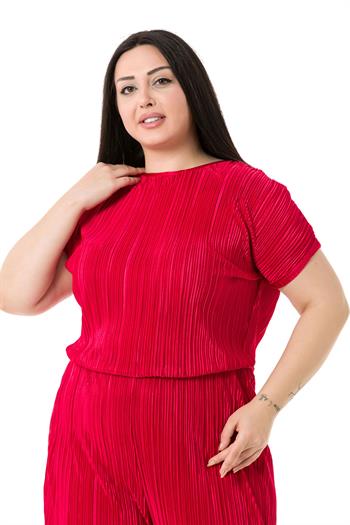 Büyük Beden Kısa Kollu Beli Lastikli Fermuarlı Kırmızı Tulum