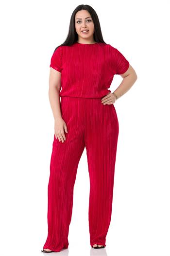 Büyük Beden Kısa Kollu Beli Lastikli Fermuarlı Kırmızı Tulum