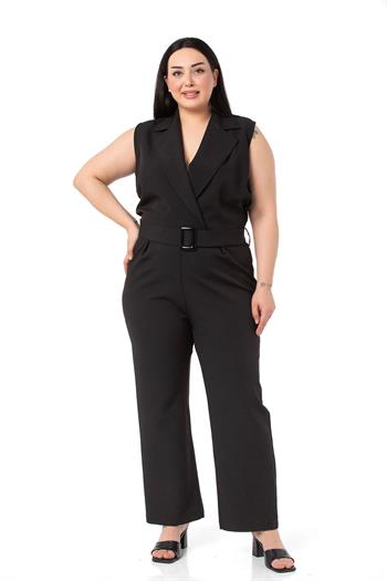 Büyük Beden Kruvaze Beli Lastikli Fermuar Kapamalı Kemerli Siyah Tulum