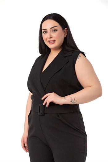 Büyük Beden Kruvaze Beli Lastikli Fermuar Kapamalı Kemerli Siyah Tulum