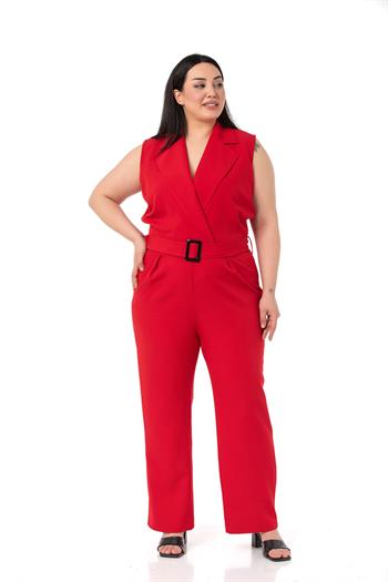 Büyük Beden Kruvaze Beli Lastikli Fermuar Kapamalı Kemerli Kırmızı Tulum