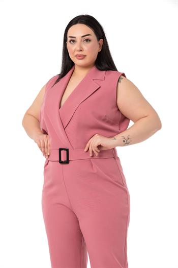 Büyük Beden Kruvaze Beli Lastikli Fermuar Kapamalı Kemerli Gül Kurusu Tulum