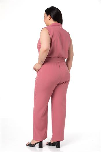 Büyük Beden Kruvaze Beli Lastikli Fermuar Kapamalı Kemerli Gül Kurusu Tulum