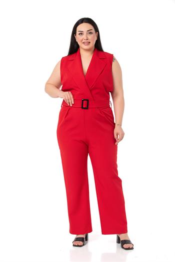 Büyük Beden Kruvaze Beli Lastikli Fermuar Kapamalı Kemerli Kırmızı Tulum