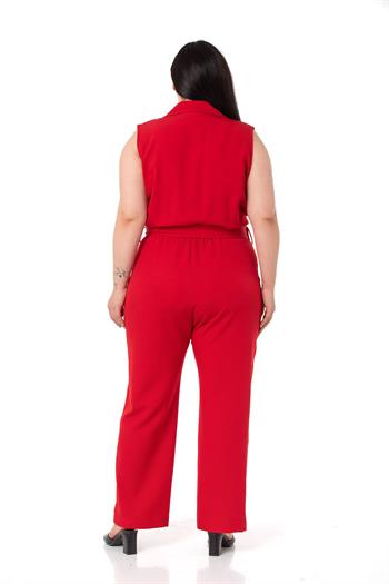 Büyük Beden Kruvaze Beli Lastikli Fermuar Kapamalı Kemerli Kırmızı Tulum