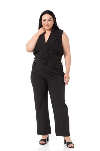 Büyük Beden Kruvaze Beli Lastikli Fermuar Kapamalı Kemerli Siyah Tulum