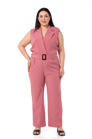 Büyük Beden Kruvaze Beli Lastikli Fermuar Kapamalı Kemerli Gül Kurusu Tulum