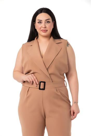 Büyük Beden Kruvaze Beli Lastikli Fermuar Kapamalı Kemerli Vizon Tulum