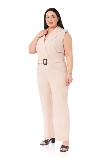 Büyük Beden Kruvaze Beli Lastikli Fermuar Kapamalı Kemerli Bej Rengi Tulum