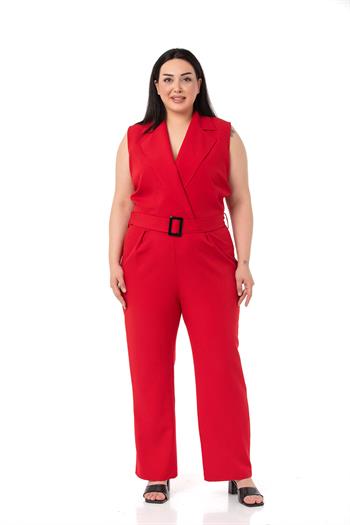 Büyük Beden Kruvaze Beli Lastikli Fermuar Kapamalı Kemerli Kırmızı Tulum