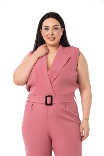 Büyük Beden Kruvaze Beli Lastikli Fermuar Kapamalı Kemerli Gül Kurusu Tulum