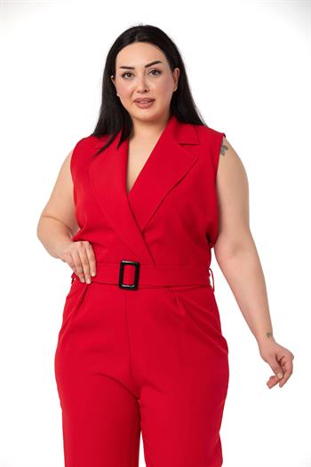 Büyük Beden Kruvaze Beli Lastikli Fermuar Kapamalı Kemerli Kırmızı Tulum