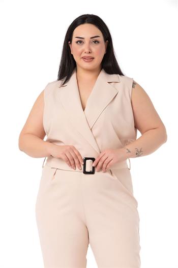 Büyük Beden Kruvaze Beli Lastikli Fermuar Kapamalı Kemerli Bej Rengi Tulum