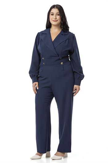 Büyük Beden Kruvaze Yaka Metal Düğmeli Fermuarlı Lacivert Tulum