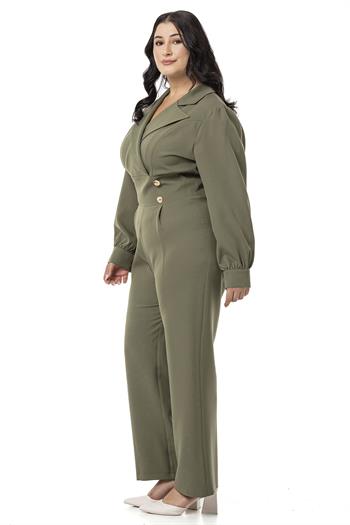 Büyük Beden Kruvaze Yaka Metal Düğmeli Fermuarlı Haki Tulum