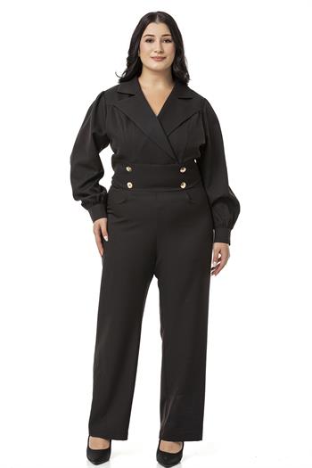 Büyük Beden Kruvaze Yaka Metal Düğmeli Fermuarlı Siyah Tulum