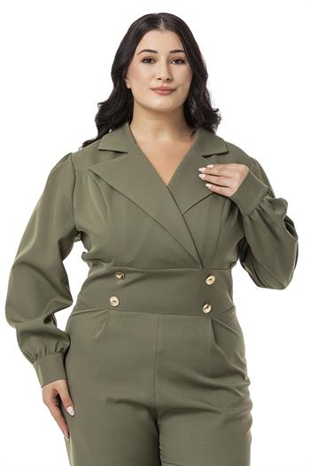 Büyük Beden Kruvaze Yaka Metal Düğmeli Fermuarlı Haki Tulum