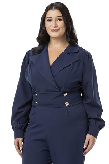 Büyük Beden Kruvaze Yaka Metal Düğmeli Fermuarlı Lacivert Tulum