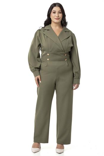 Büyük Beden Kruvaze Yaka Metal Düğmeli Fermuarlı Haki Tulum