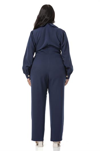 Büyük Beden Kruvaze Yaka Metal Düğmeli Fermuarlı Lacivert Tulum