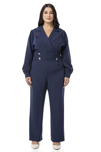 Büyük Beden Kruvaze Yaka Metal Düğmeli Fermuarlı Lacivert Tulum