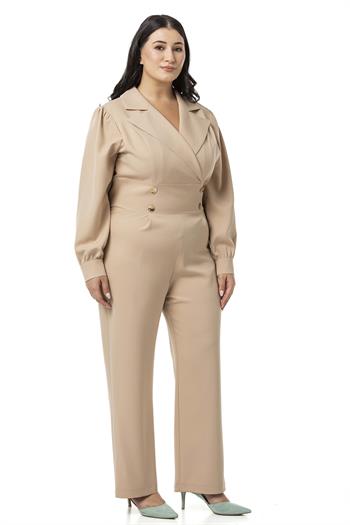 Büyük Beden Kruvaze Yaka Metal Düğmeli Fermuarlı Bej Rengi Tulum