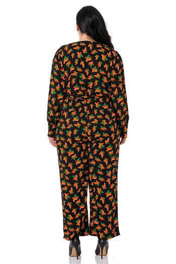 Büyük Beden Kruvaze Yaka Uzun Manşet Kollu Fermuar Kapamalı Boru Paça Siyah Tulum