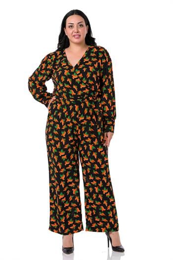 Büyük Beden Kruvaze Yaka Uzun Manşet Kollu Fermuar Kapamalı Boru Paça Siyah Tulum