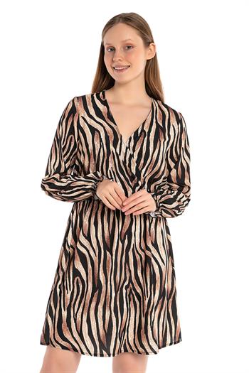 V Yaka Uzun Kollu Beli Lastikli Leopar Elbise