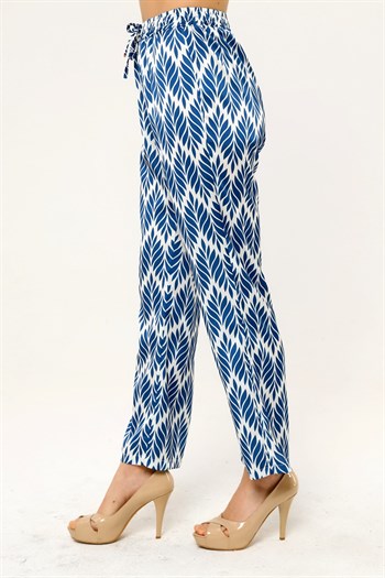 Leaf Patterned Satin İndigo Trousers with Elastic Waist and Rope Detail and Pipe Leg Prints