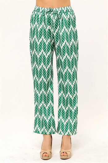Leaf Patterned Satin Green Trousers with Elastic Waist and Rope Detail and Pipe Leg Prints