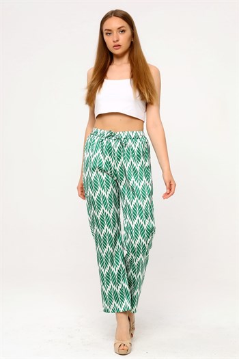 Leaf Patterned Satin Green Trousers with Elastic Waist and Rope Detail and Pipe Leg Prints