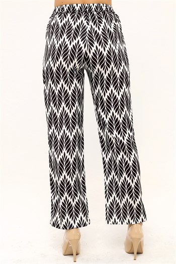 Leaf Patterned Satin Black Trousers with Elastic Waist and Rope Detail and Pipe Leg Prints