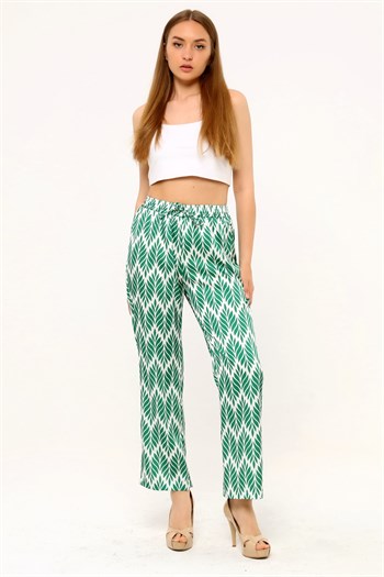Leaf Patterned Satin Green Trousers with Elastic Waist and Rope Detail and Pipe Leg Prints