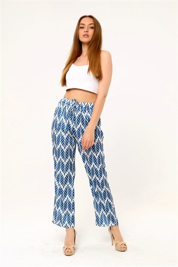 Leaf Patterned Satin İndigo Trousers with Elastic Waist and Rope Detail and Pipe Leg Prints