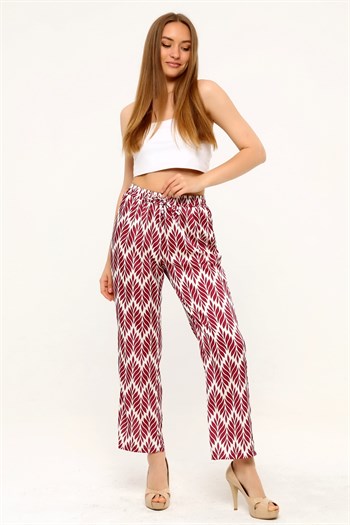 Leaf Patterned Satin Burgundy Trousers with Elastic Waist and Rope Detail and Pipe Leg Prints